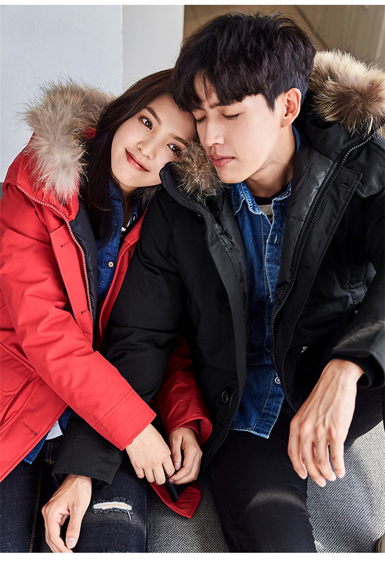 男女合体连帽真毛领可脱卸中长款羽绒服冬季加厚女款男款情侣羽绒