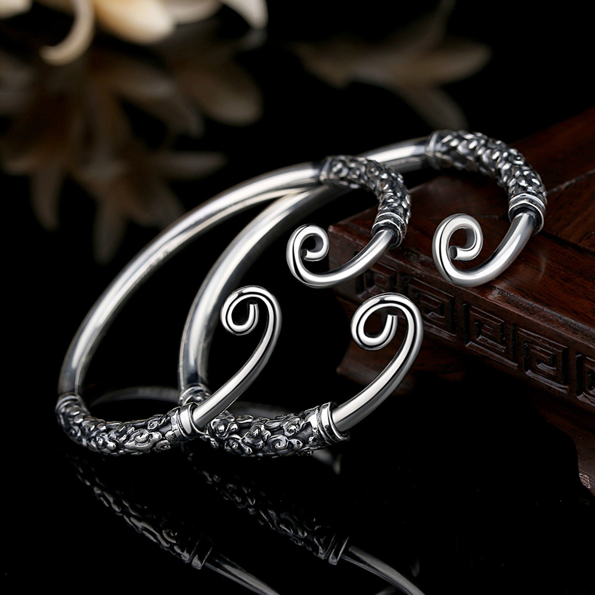 七度银饰纯银手镯紧箍咒手环祥云图案复古风999足银情侣镯子