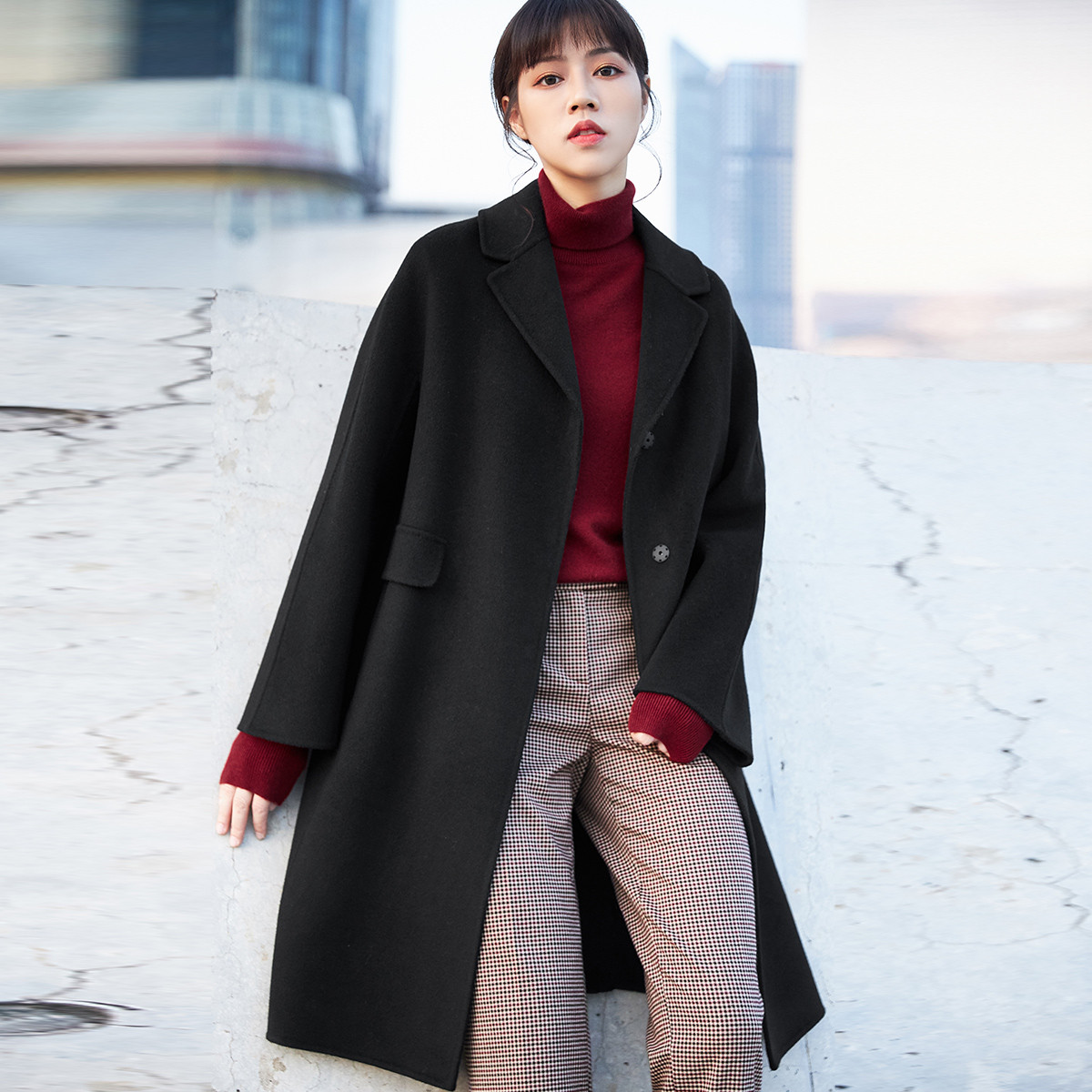 a型暗扣羊毛长款双面呢外套大衣