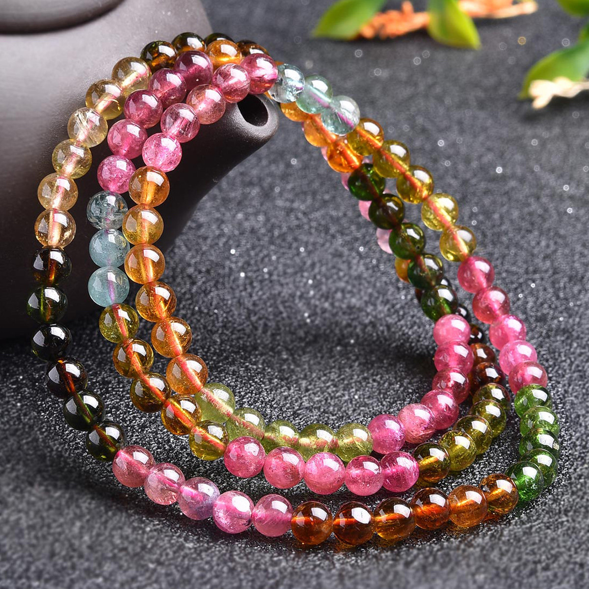 【直降】碧玺手链4-5mm圆珠饶三圈碧玺手串 附证书