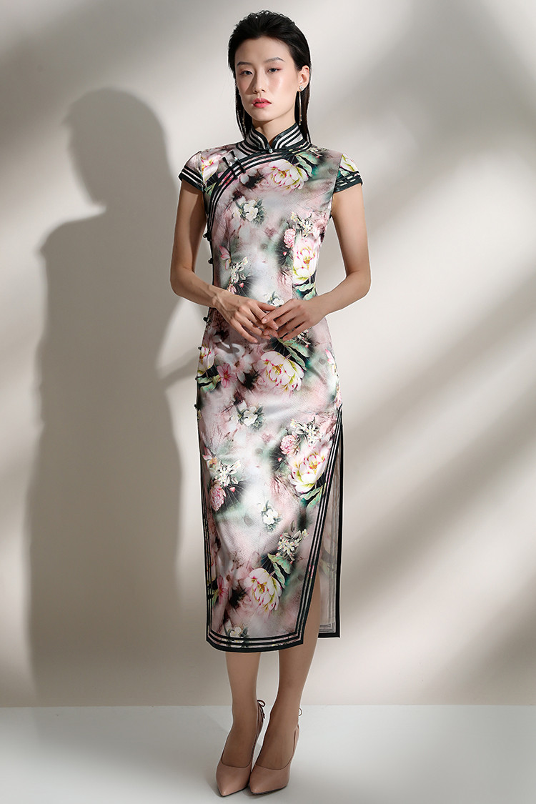 今典女款盘扣印花真丝旗袍q8z153450_唯品会