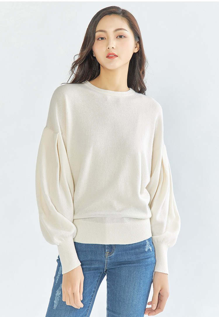 个性休闲圆领泡泡袖套头长袖针织衫羊绒衫女式