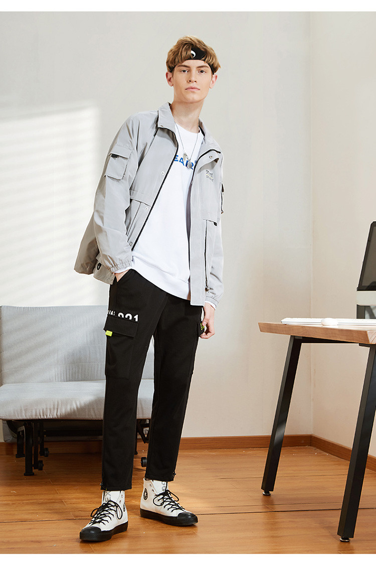 以纯线上品牌男装梭织宽松立领长袖开胸夹层外套男式夹克