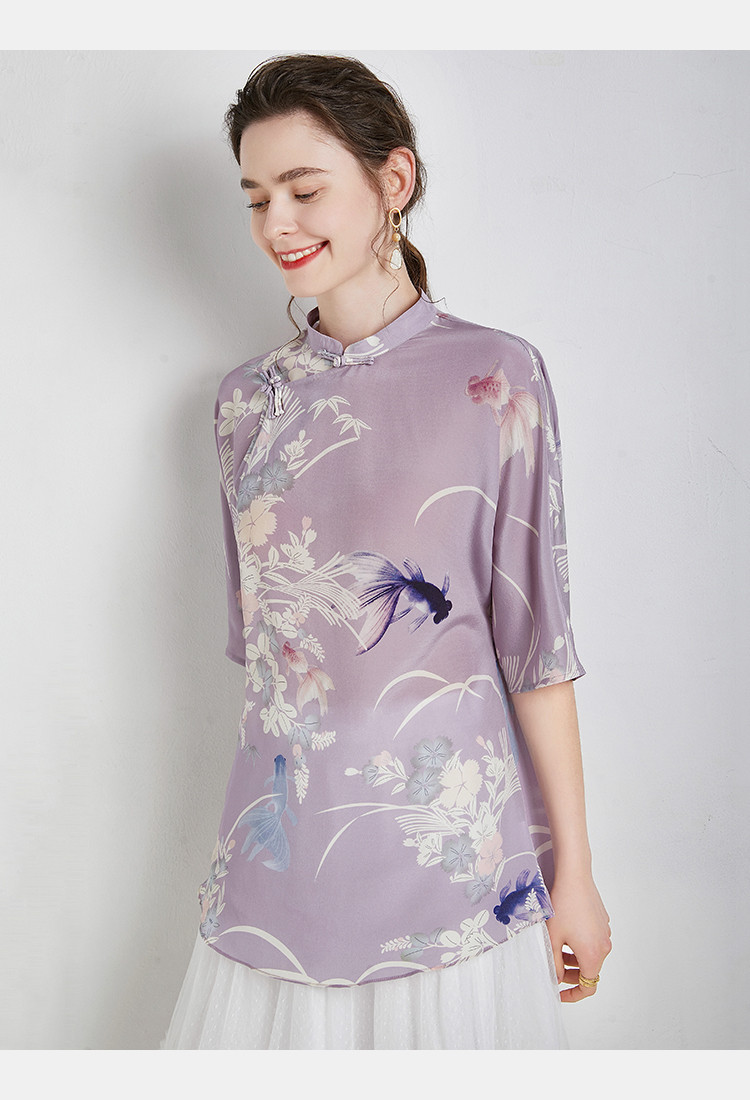 【清新旗袍领】米皇100%桑蚕丝真丝旗袍领直筒显瘦中式t恤衬衫