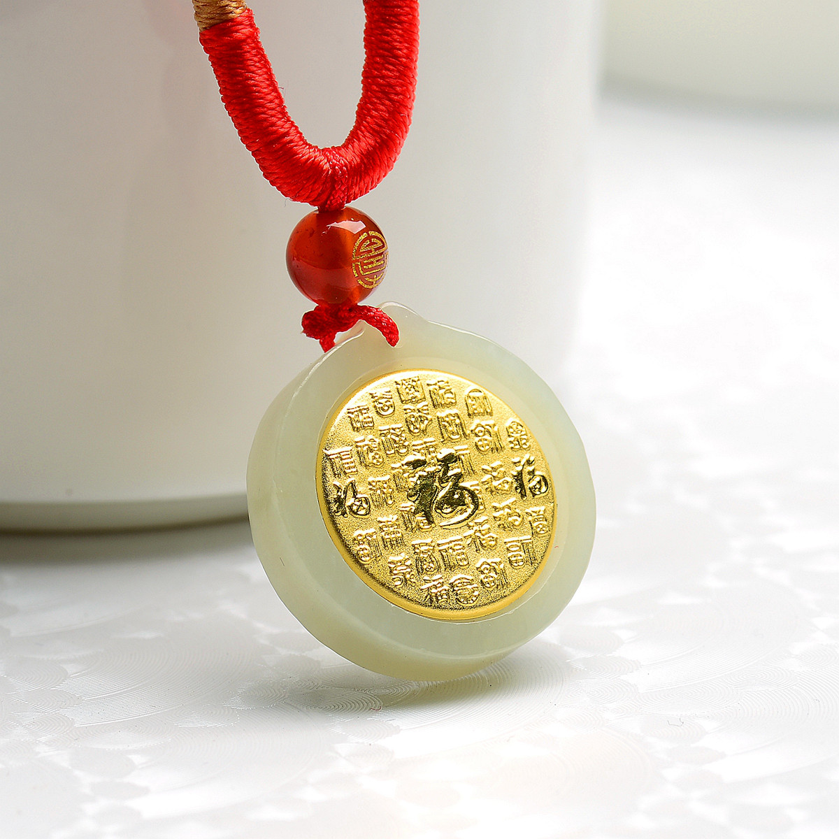 4d足金镶和田玉转运百福平安福牌