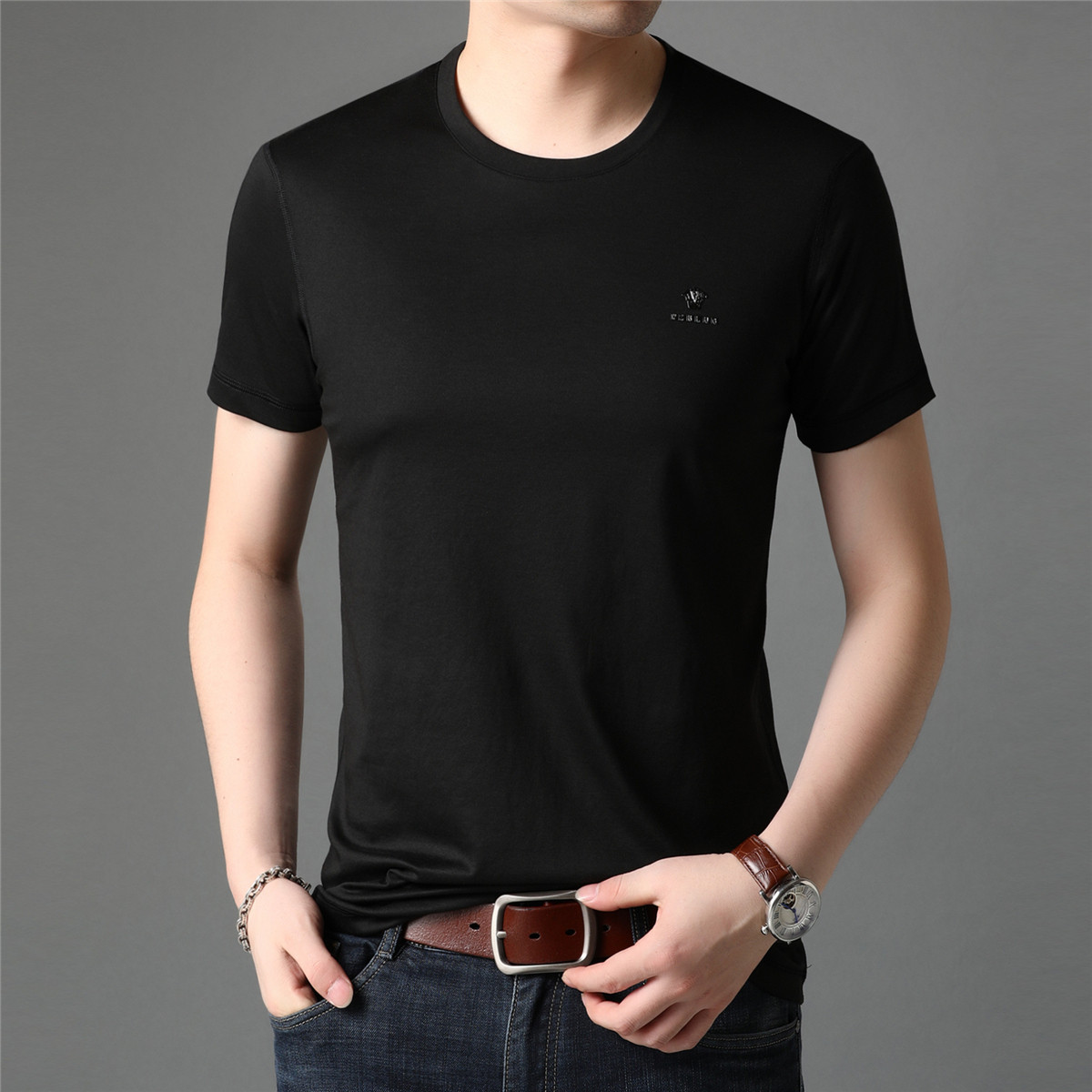 拉夏贝尔夏季新品男士棉质印花刺绣大码短袖圆领套头上衣t恤衫