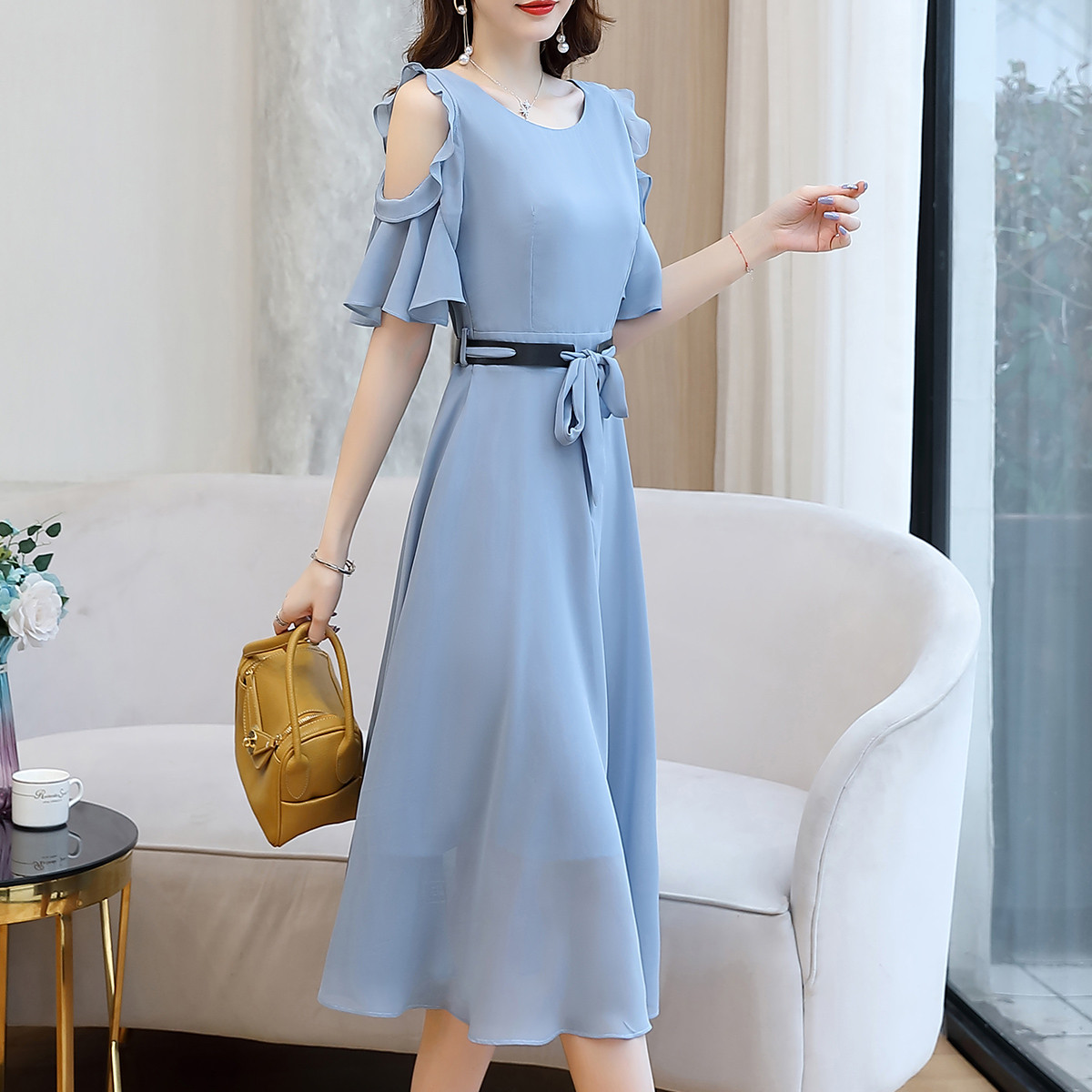 2020夏薄修身五分袖纯色雪纺圆领五分袖套头系带中长裙连衣裙