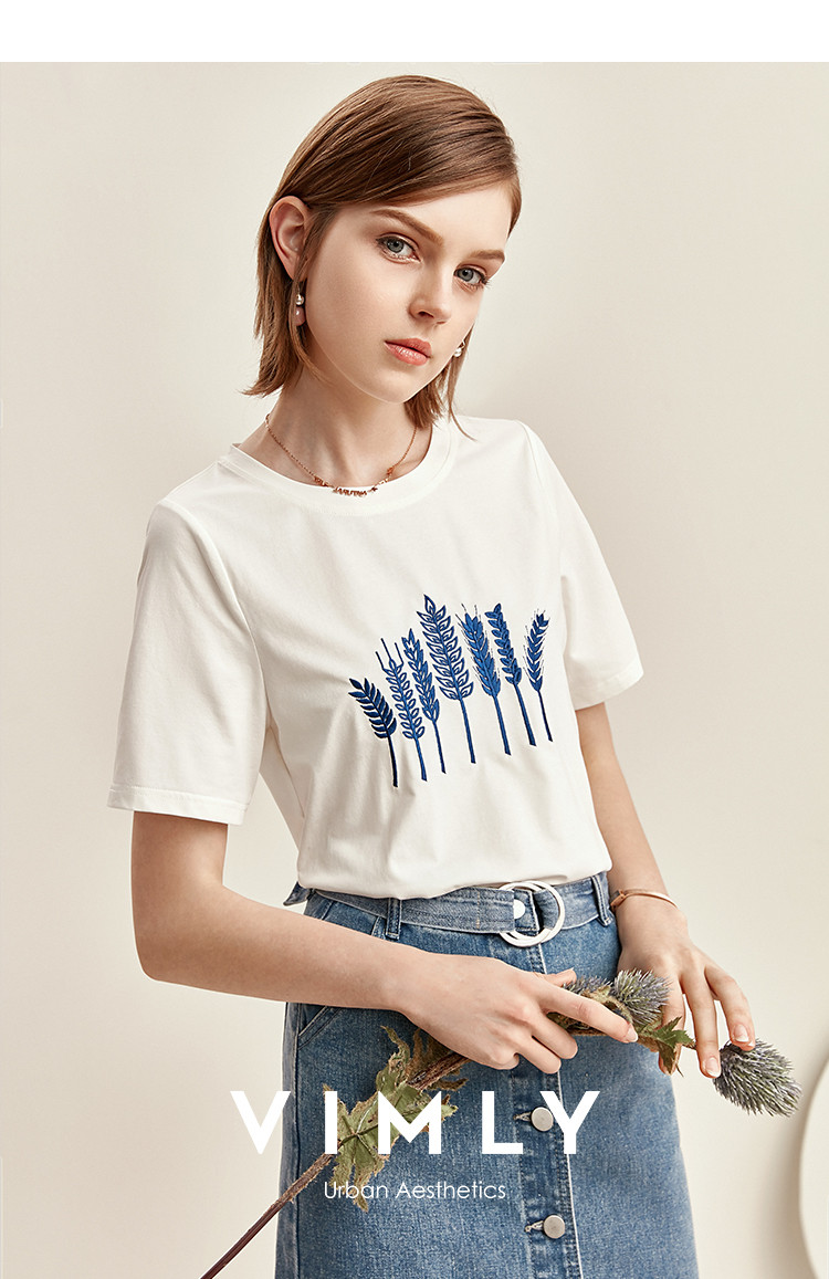 【2020夏季新品】小麦穗绣花女式短袖t恤简约时尚百搭上衣