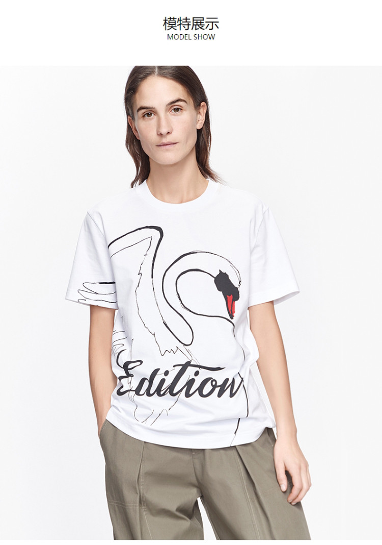 天鹅手绘图案短袖t恤女秋款小众纯棉上衣