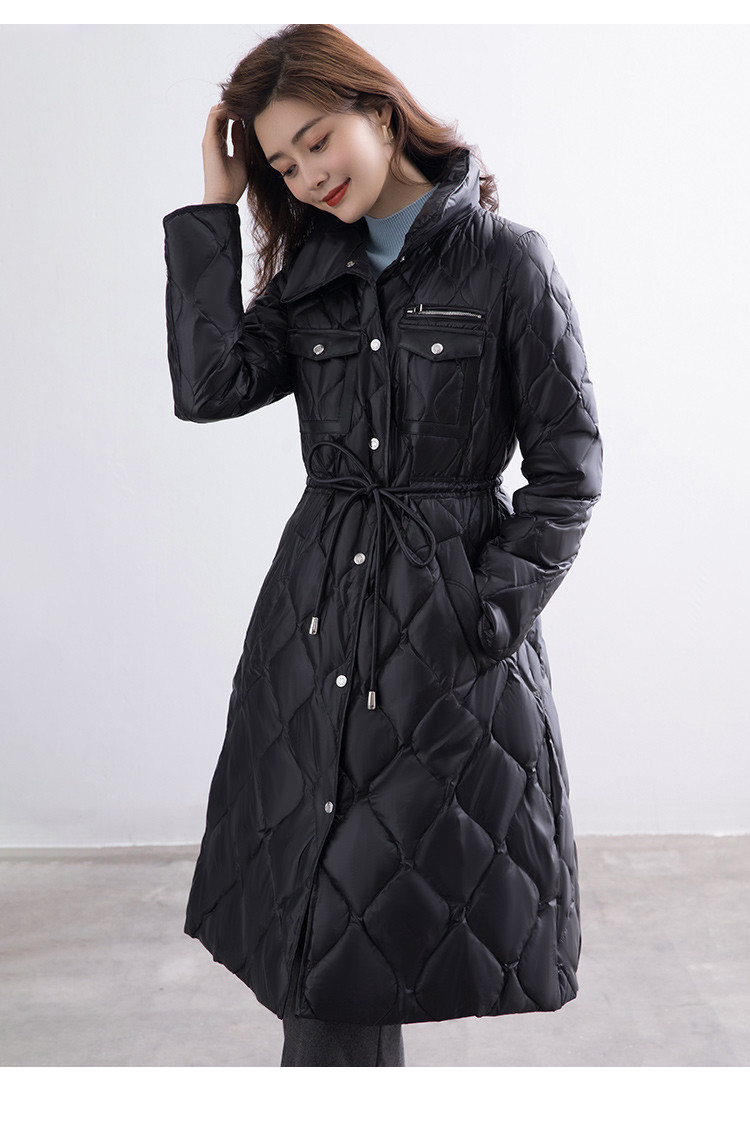 冬季款修身翻领抽绳腰带纯色保暖x型长款羽绒服外套女