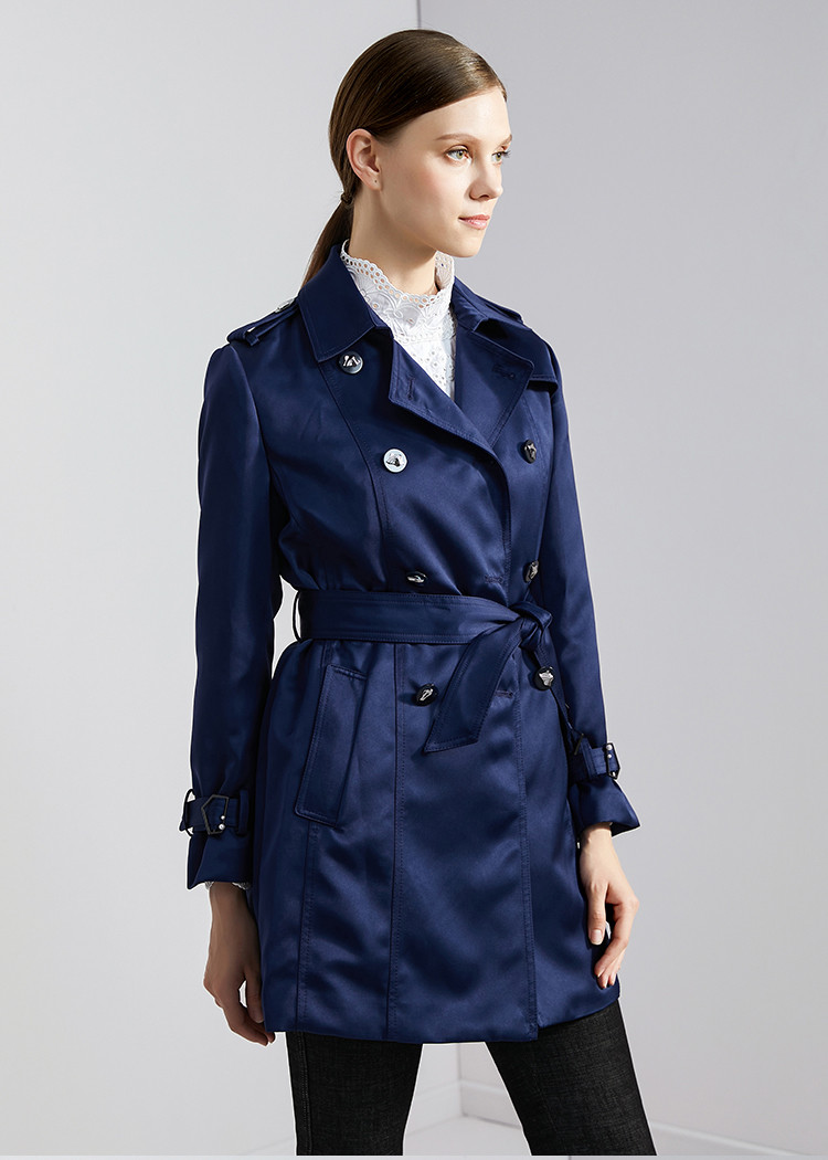轻薄深蓝色中长款系带收腰风衣女装长外套