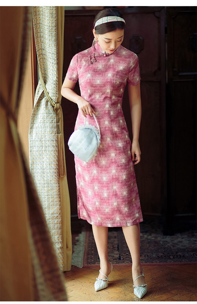 影花 老上海旗袍夏季新款复古印花舒适棉麻淑女气质中长款连衣裙