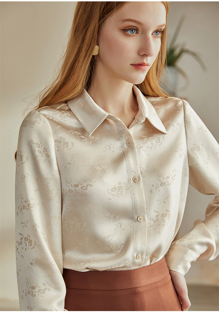 罗衣2021秋装新款知性ol醋酸衬衫女气质香槟色衬衣提花上衣
