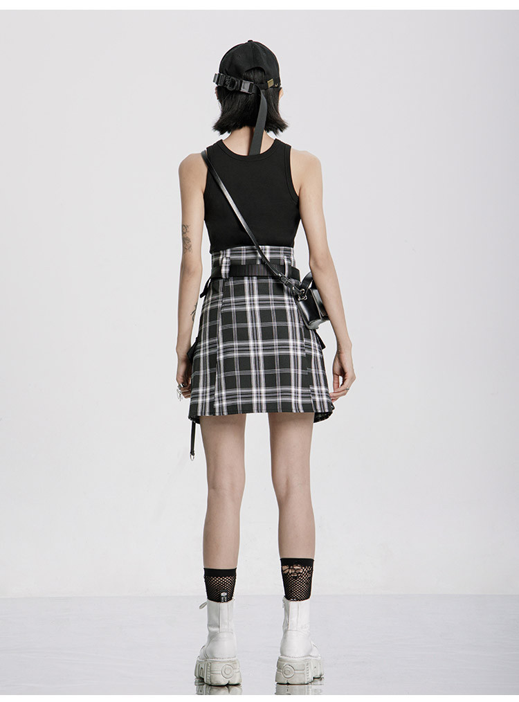 a字半裙短裙裙子女夏朋克工装风高腰收腰显瘦设计感小众格子条纹