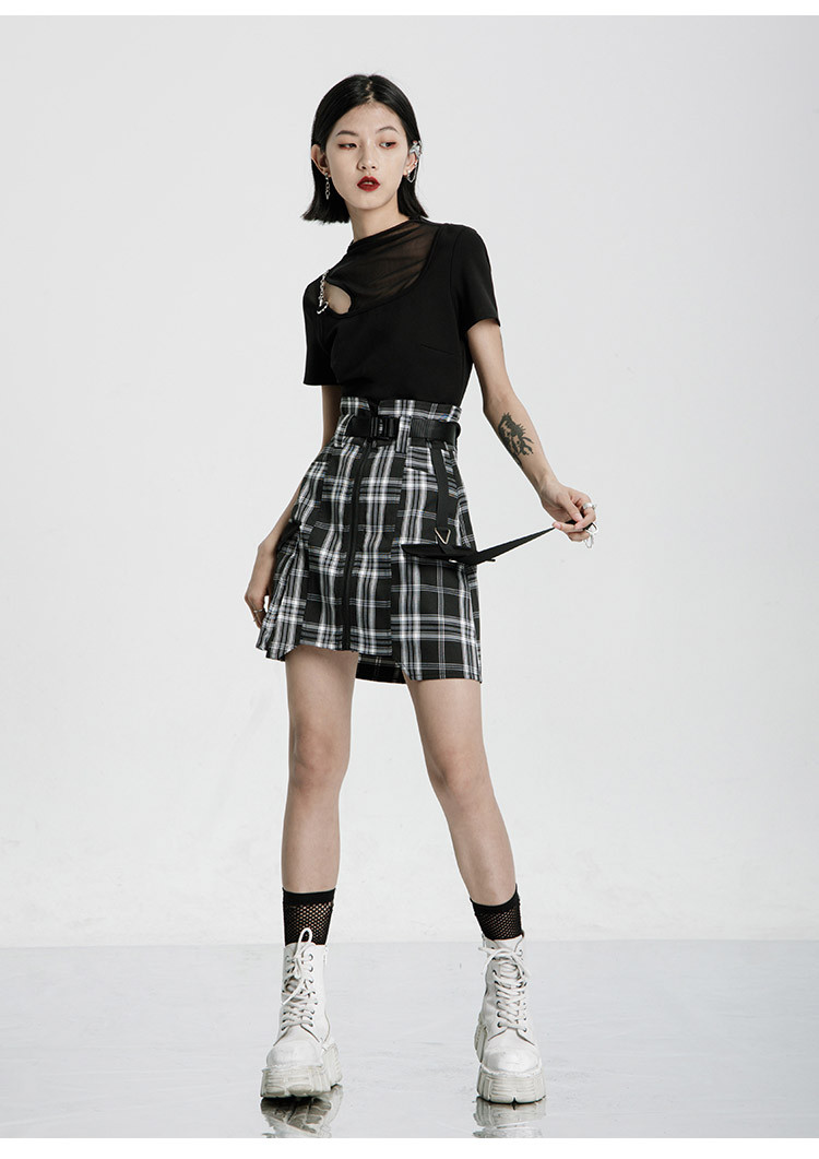 a字半裙短裙裙子女夏朋克工装风高腰收腰显瘦设计感小众格子条纹