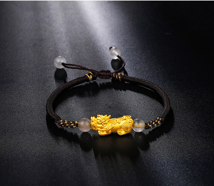 黄金3d硬足金转运珠貔貅编绳女士手串可调节