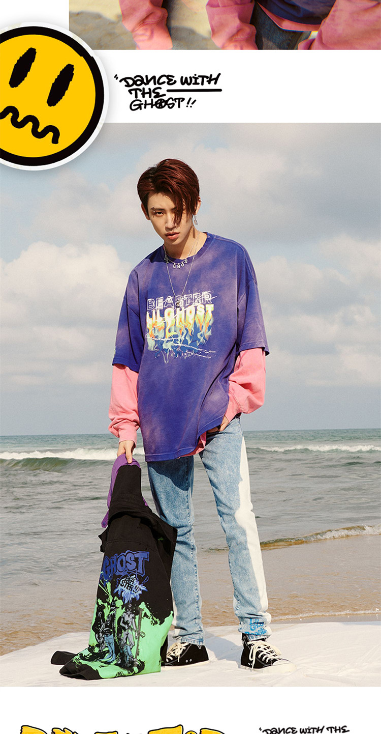 【小鬼王琳凯】小恶魔鬼脸撞色牛仔裤新款复古水洗长裤男