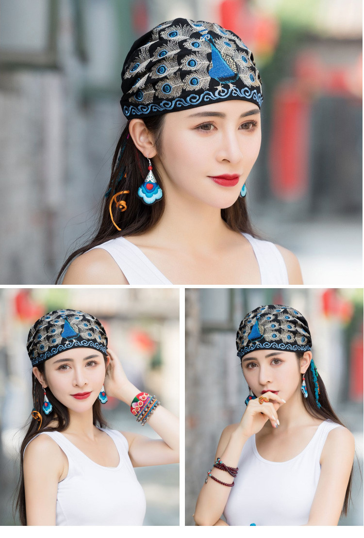 民族风绣花薄款棉麻帽子女帽孔雀开屏绣花帽子系带头巾帽包头帽子