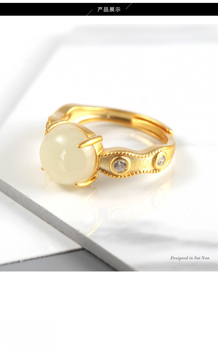 【季末特卖】925银镶白玉戒指和田玉女戒白玉圆戒正品带证书