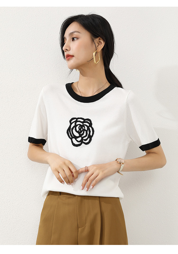【高雅撞色】短袖t恤女夏薄款山茶花刺绣针织衫减龄套头上衣