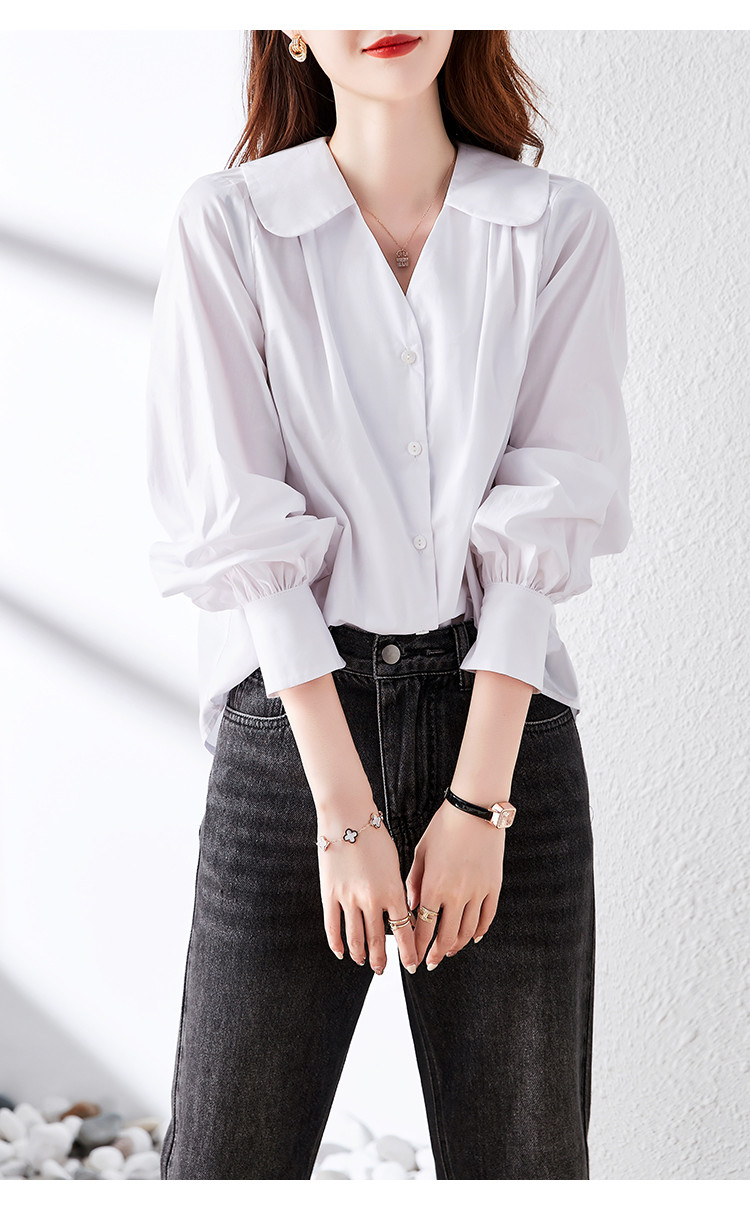 【2021新款】纯色气质v领小翻领衬衫女