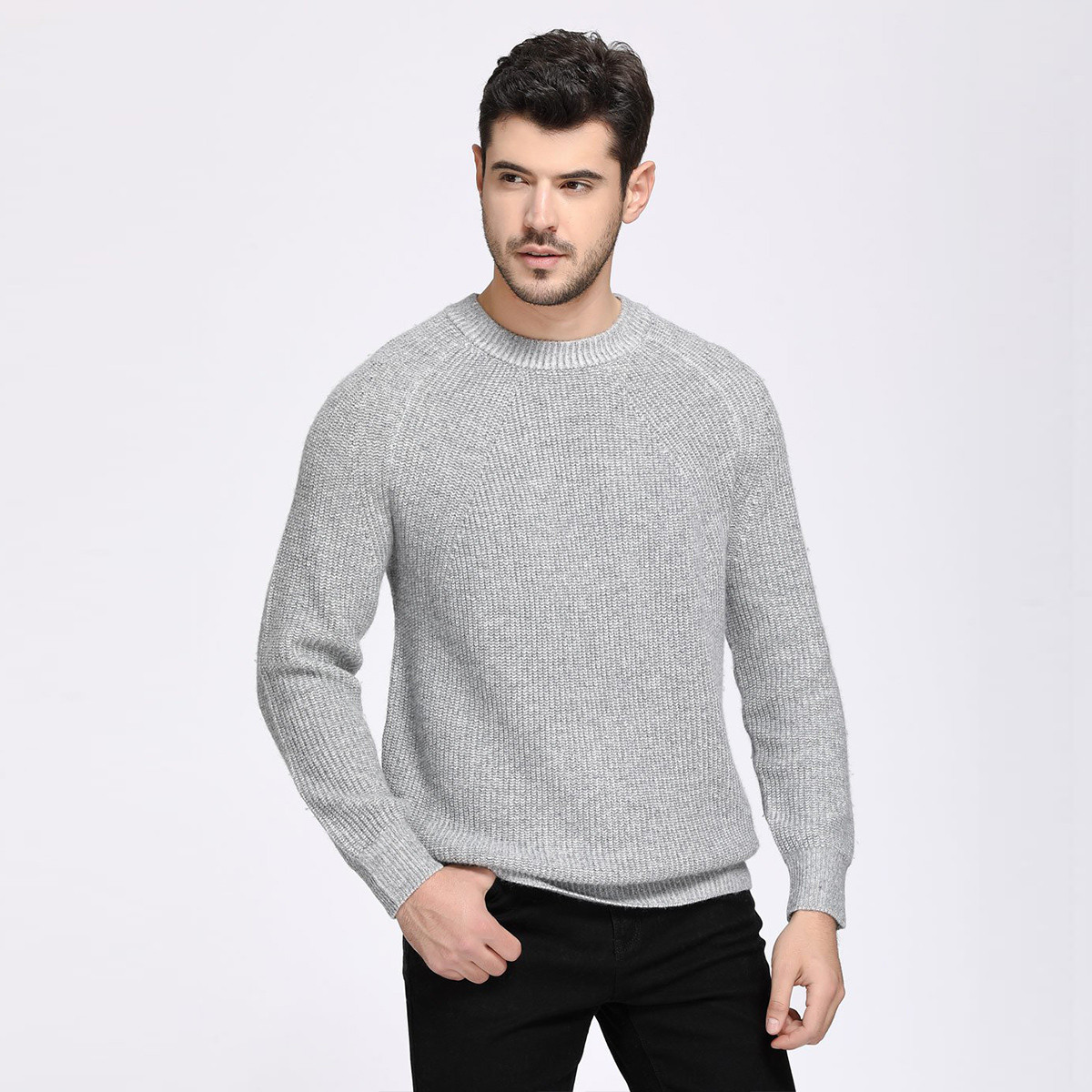 秋冬新款提花圆领长袖衫修身百搭显瘦男式羊绒羊毛衫