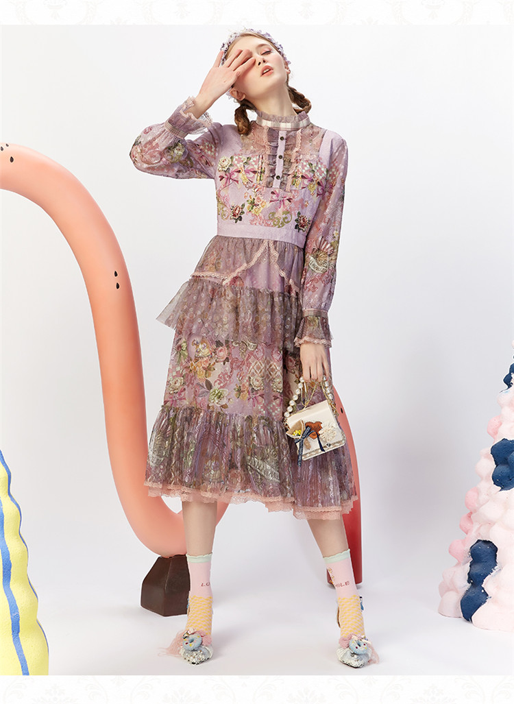 我爱露露lulusmile复古假两件蕾丝雪纺提花连衣裙