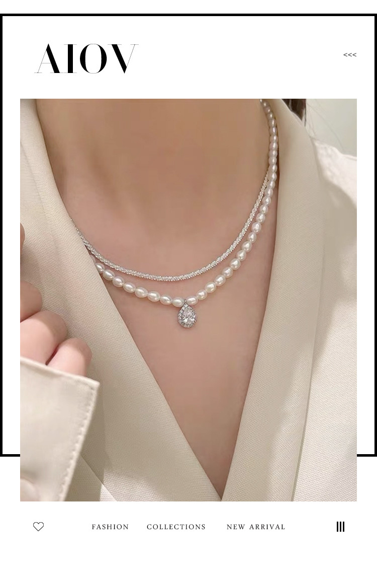 珍珠项链女锁骨链双层叠戴气质颈链镶合成锆石时尚吊坠毛衣链