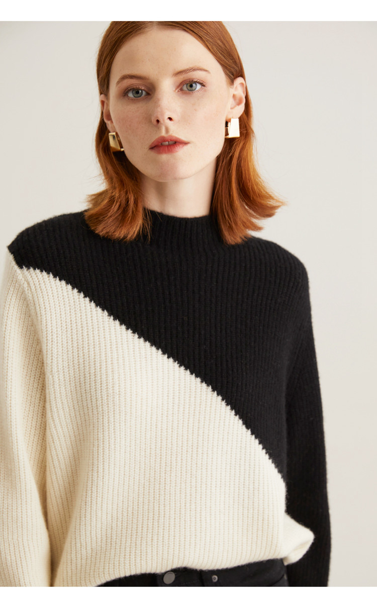 【粗针加厚全羊毛】新款时尚撞色单元宝针织毛衣100%羊毛衫