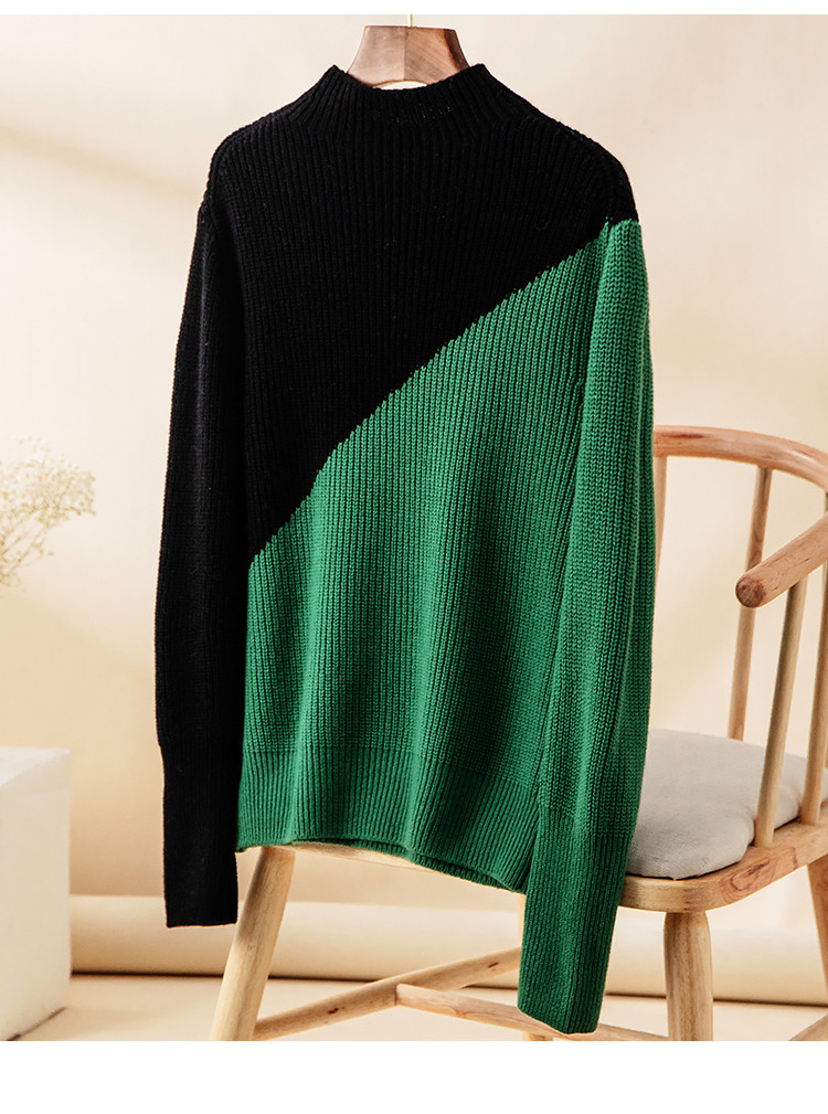 【粗针加厚全羊毛】新款时尚撞色单元宝针织毛衣100%羊毛衫