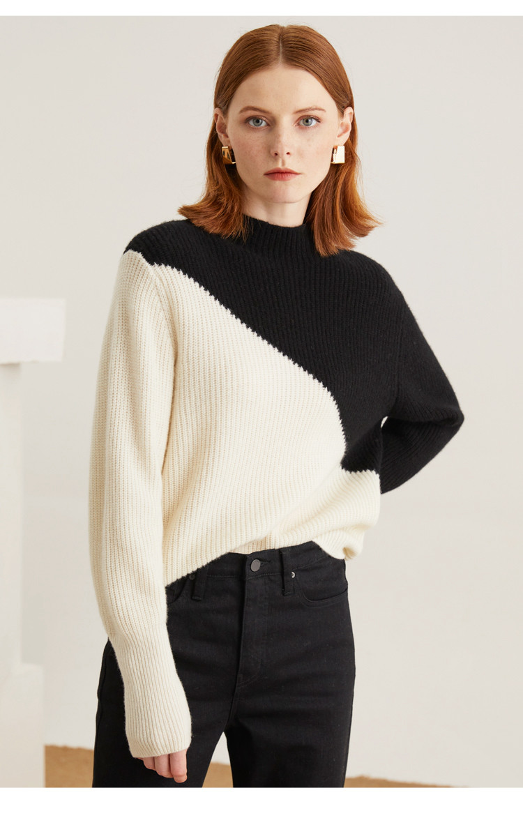 【粗针加厚全羊毛】新款时尚撞色单元宝针织毛衣100%羊毛衫