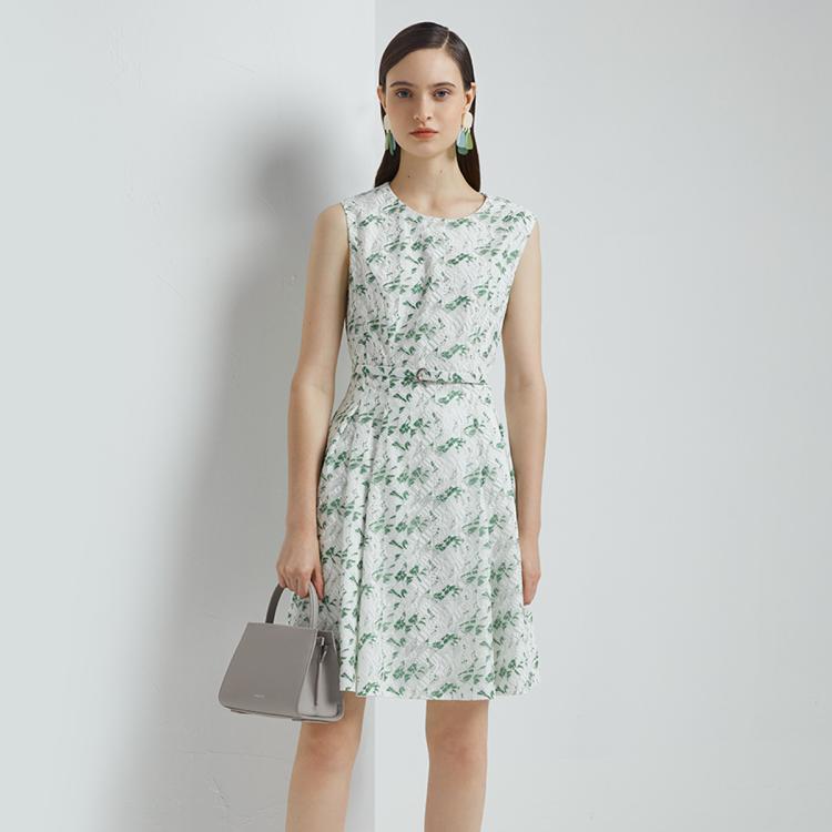 Ports 1961 宝姿女装时尚气质清新印花圆领褶皱正常小领型无袖中长连衣裙 In Green