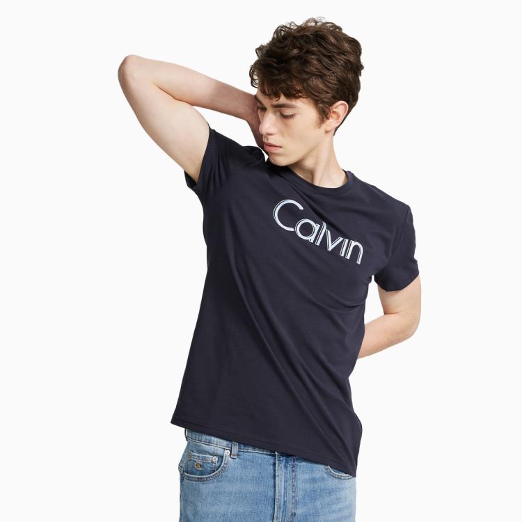 Calvin Klein Ck Jeans夏季男士时尚百搭圆领叠影印花logo透气短袖t恤j315047 In Blue