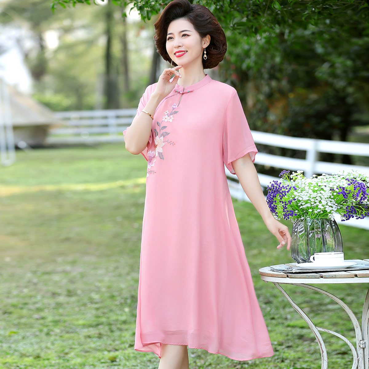 夏季老年人新中式连衣裙立领中袖妈妈装中老年女装印花连衣裙
