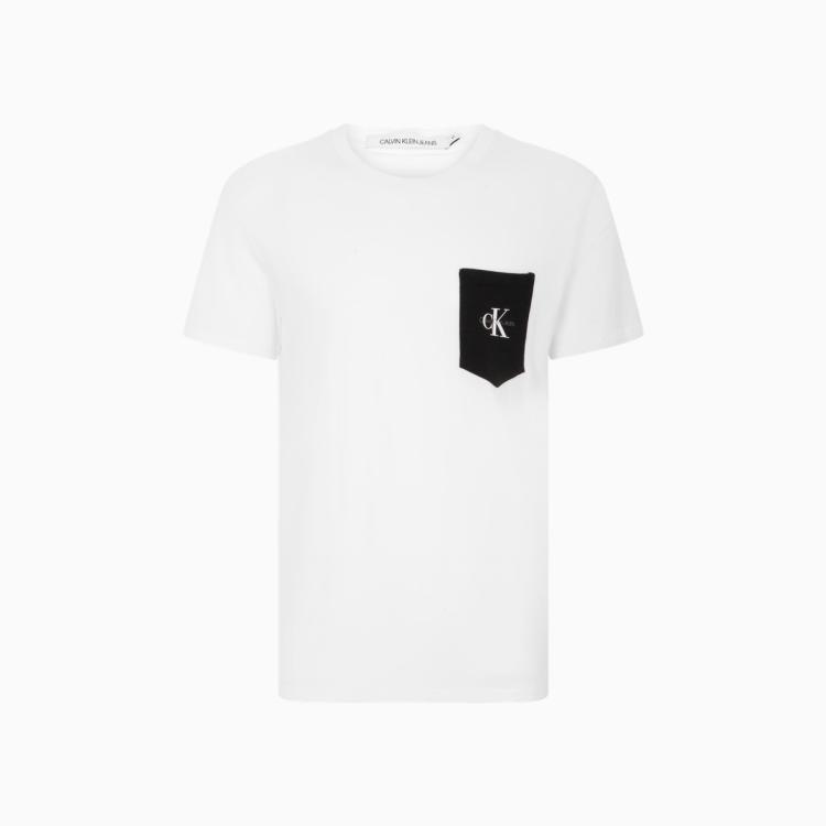 Calvin Klein Ck Jeans夏季男士休闲圆领纯棉交叠logo贴布袋短袖t恤zm01883 In White