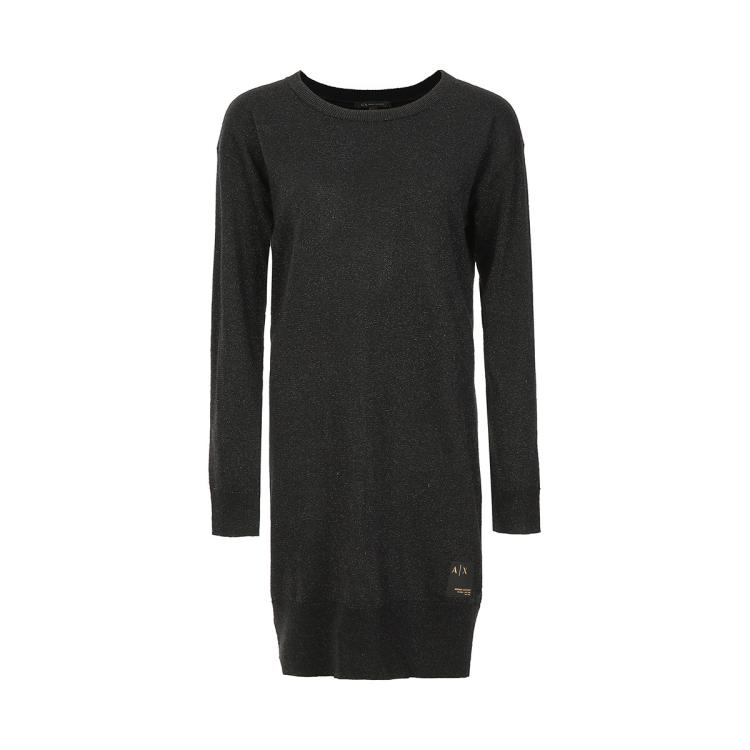 Armani Exchange 女士纯色低调细闪面料点缀设计圆领长袖连衣裙 In Black
