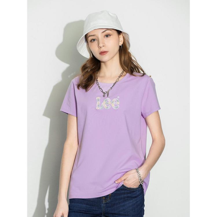 Lee 商场同款春夏修身版多色绣花圆领女短袖t恤 In Purple