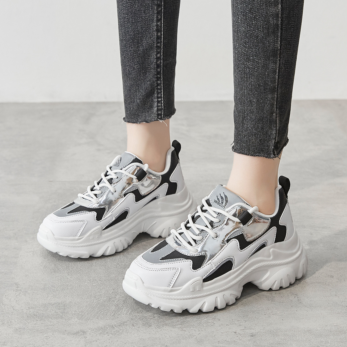 意尔康女鞋23年春季新款厚底老爹鞋女休闲鞋透气网面鞋女运动鞋