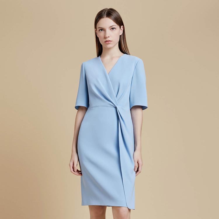 Ports 1961 宝姿女装空境蓝叠片清新舒适短袖中长连衣裙 In Blue