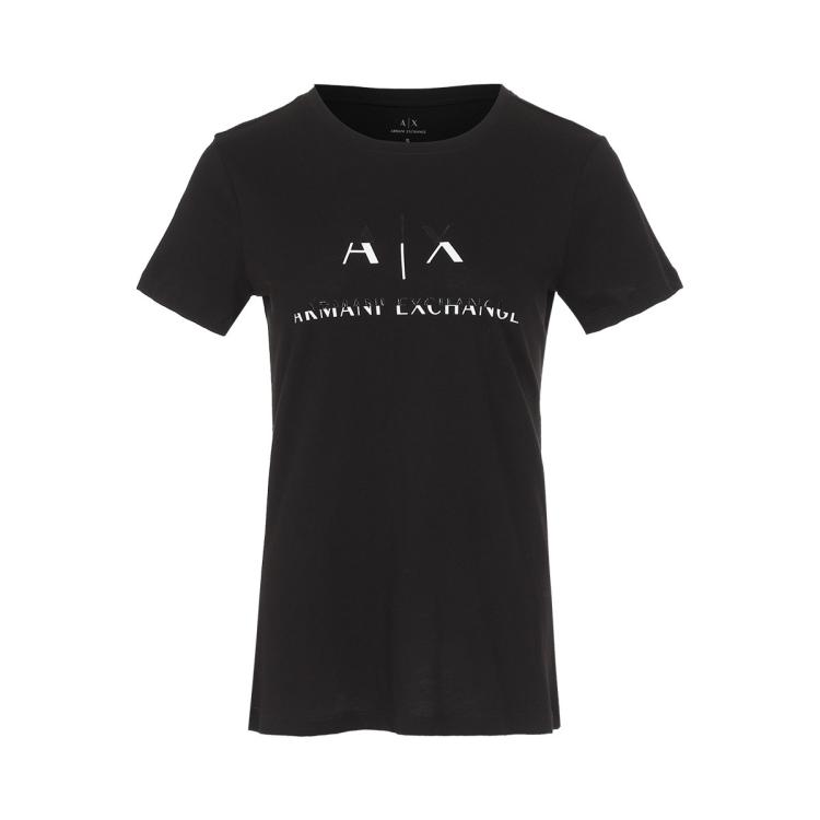 Armani Exchange 女士logo纯棉透气舒适收腰显瘦圆领短袖休闲t恤 In Black