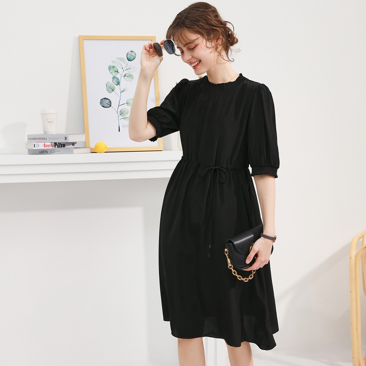 100%桑蚕丝~休闲收腰纯色真丝a字裙23春夏名媛风连衣裙--唯品会-惠