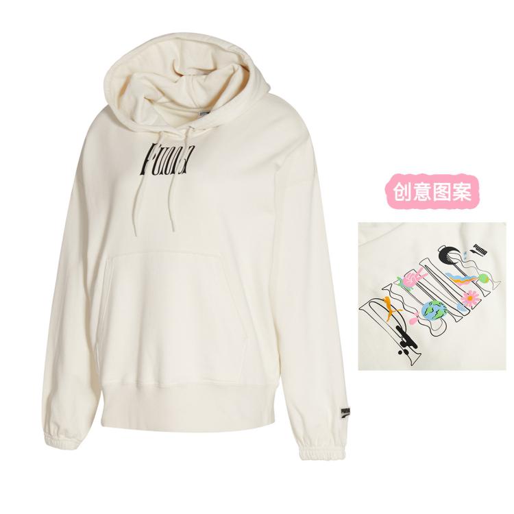 Puma 彪马 卫衣女 时尚印花 棉质亲肤 女款套头连帽衫女式运动卫衣 In White