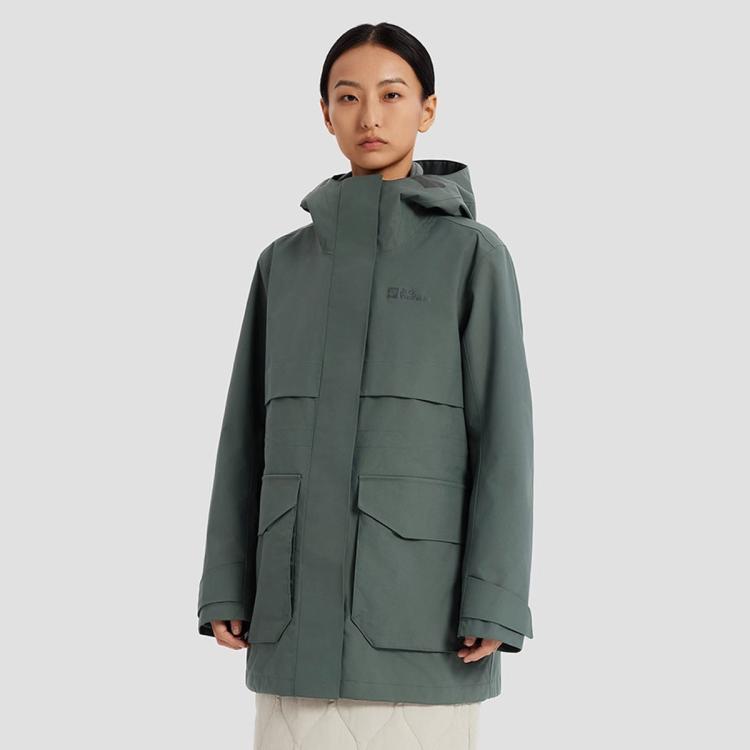 Jack Wolfskin 狼爪冲锋衣秋冬女式抓绒内胆防风防泼水三合一夹克外套 In Green