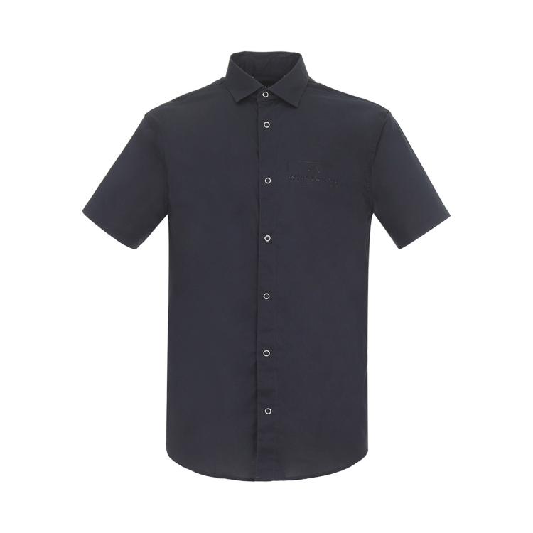 Armani Exchange 男士时髦通勤胶印花logo含棉短袖衬衫 In Black