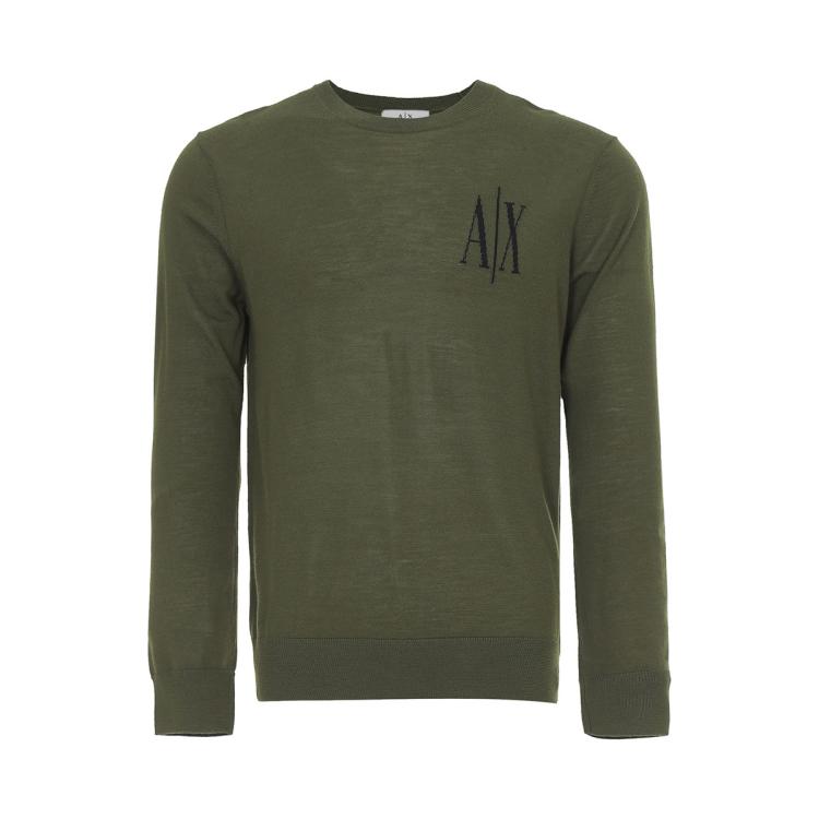 Armani Exchange 男士经典大logo长袖纯羊毛衫 In Green