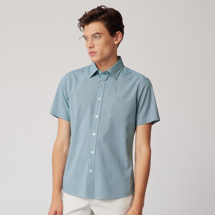 Hazzys 夏季男士短袖衬衫上衣格纹刺绣休闲潮流衬衣外套 In Blue
