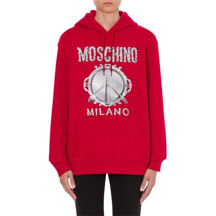 Moschino 秋冬女士巴洛克风格餐具印花纯棉连帽卫衣 In Red