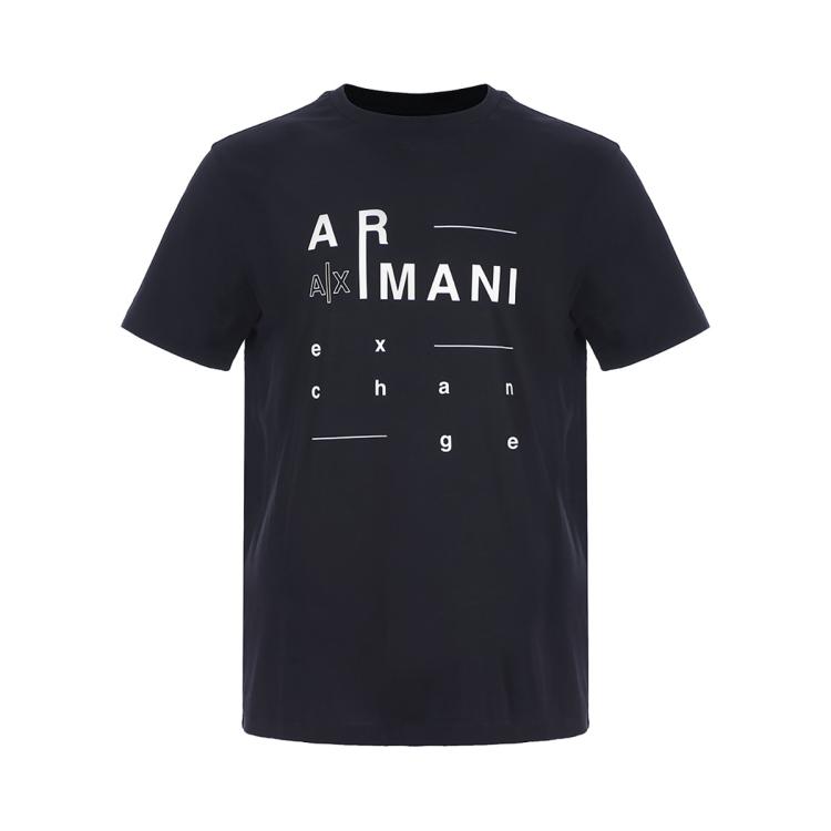 Armani Exchange 男士亲肤透气字母拼色短袖t恤 In Black