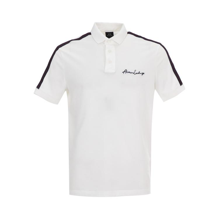 Armani Exchange 男士亲肤绣花logo侧开叉百搭休闲polo衫 In White