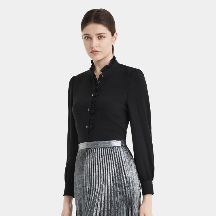 PORTS 1961 PORTS 宝姿女装优雅百搭通勤搭配木耳边时尚长袖纯色衬衫